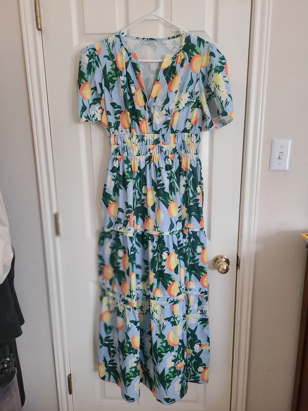 Lemon Print Tiered Midi Dress - Light Blue